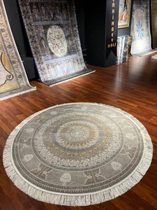 5X5ft Silk Circle Rug – Classic Medallion Area Carpet Gray Beige Round Silk Rug - Picture 1 of 14