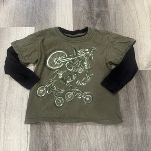Y2K Top Heavy Green Graphic Tee Black Sleeves Boys 5/6 Motocross Bikes - Picture 1 of 6