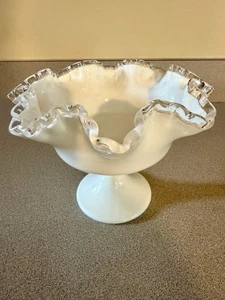Fenton Silver Crest Milk Glass Ruffled Pedestal Compote Candy Dish Bowl - Picture 1 of 3