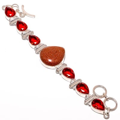 Brazalete Tenis Joyería Chapado en Plata Piedra Solar y Granate Dorado 7-7.99" B5113 Foto 1 de 3