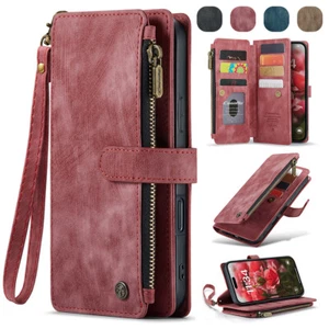 For iPhone 16 15 14 13 12 11 Pro Max XS 8 Zipper Wallet Case Flip Leather Cover - Picture 1 of 40