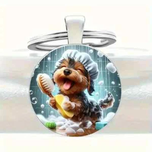 Yorkshire Terrier Bathing Yorkie Dog Key Chain Key Ring Backpack Purse Car Bag - Picture 1 of 5