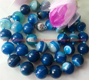 20'' Natural 10mm Blue Striped Agate Onyx Gemstone Round Beads Necklace - Picture 1 of 12