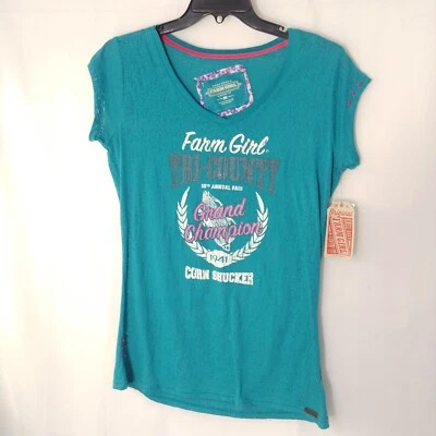 Camiseta para mujer Farm Girl verde azulado manga gorra estampado gráfico talla mediana - nueva con etiquetas Foto 1 de 4