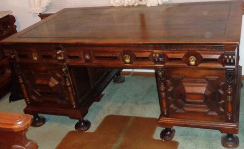 Antique Solid Walnut Partner Desk - EXQUISITE - AMAZING HISTORY - NEEDS TLC Cover