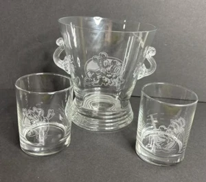 Disney Mickey Mouse Minnie Crystal Ice Bucket & 2 Whiskey Glasses Etched Wedding - Picture 1 of 12