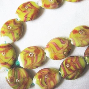Handmade Light Olive Yellow Green, Oval Lampwork Glass Beads, 3 beads 25mm - Picture 1 of 3