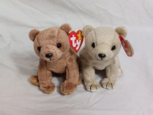Lot of 2 Vintage Ty Beanie Babies Realistic Bears Pair Brown Beige Almond Pecan - Picture 1 of 12