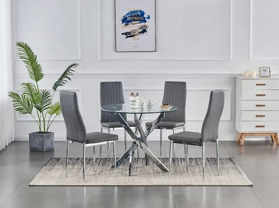 Dining Table Set Round Glass Chrome Legs and 4 Faux Leather Dining Chairs Modern