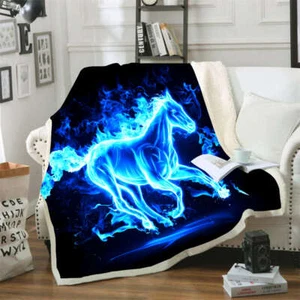 Blue Flame Galloping Horse 3D Warm Plush Fleece Blanket Picnic Sofa Couch - Imagen 1 de 4