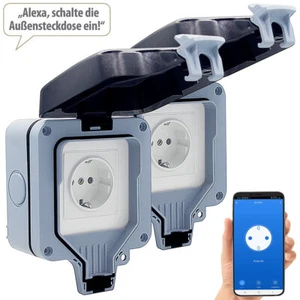 2er-Set Outdoor-WLAN-Aufputzsteckdosen, Sprachsteuerung, Messung, App - Bild 1 von 12
