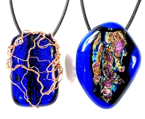 Dichroic Glass Pendant Necklace Artisan Handmade Fused Blue - Lot of 2 - Picture 1 of 13