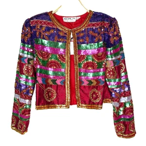 Scala Sequin Beaded Jacket Vintage Bollywood Festival Party Statement Coat Sz L - Picture 1 of 10