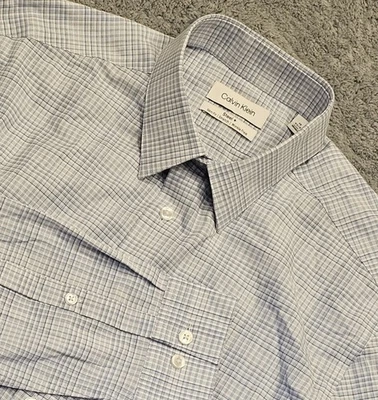 Calvin Klein Steel+ Dress Shirt Slim Fit Stretch Men's M 15-32/33 Blue Grid new - Image 1 of 4