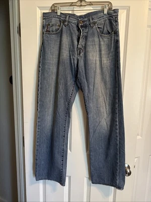 HUGO BOSS Y2K ORANGE STITCH BUTTON FLY STRAIGHT LEG DISTRESSED JEANS MEN’S 36X33 - Image 1 of 4
