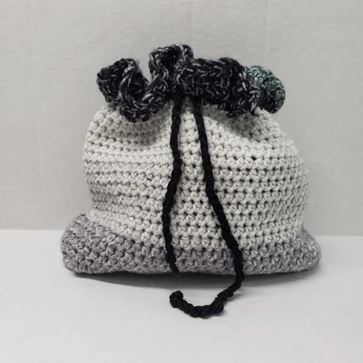 Handmade Crochet Drawstring Pouch Gray Small Purse Makeup Bag Renaissance Witchy - Image 1 of 4