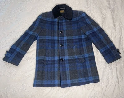 Vintage Pendleton Wool Blue Plaid Over Coat with a faux fur collar 1960’s - Image 1 of 4