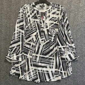 NUEVO Top túnica mujer Cocomo 2X negro abstracto popover pintuck bolsillos elásticos - Imagen 1 de 10