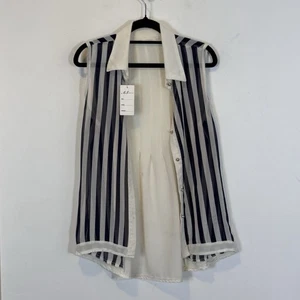 AS Elegant Sleeveless Longline Shirt Vest White & Navy Striped - Size M Buttons - Picture 1 of 5