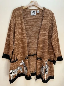 Vintage Storybook Knits Zebra Safari Zip Cardigan Sweater Brown 1X Boho Earthy - Picture 1 of 14