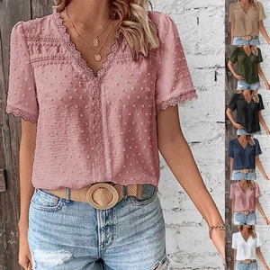 Short Sleeve Casual Women Shirt Summer V Neck Solid Color Breathable Fabric - Picture 1 of 70