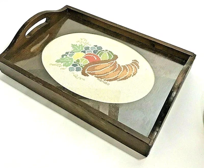 Vintage Wood Tray Cornucopia Counted Cross Stitch 1982 Protective Glass - Image 1 of 4