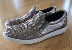 ECCO Soft 7 Leather Woven Slip On Sneakers Shoes Stone Metallic 36 5 - 5.5 NEW - Picture 1 of 7