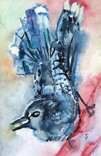 WATERCOLOR Painting ORIGINAL Art Blue jay Bird Artwork Small Wall Art 4x6.1"