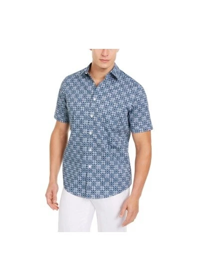 NUEVO CON ETIQUETAS TASSO ELBA Para Hombres Camisa de Trabajo Azul Cuello Geométrico Talla Mediana $55 5B077 Foto 1 de 1
