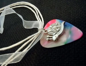Snail Charm on a MultiColor Guitar Pick With a White Ribbon Necklace - Picture 1 of 2