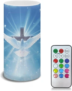 Dove of Peace Cross Blue Flameless LED Candle Flickering Wick Electric Candles w - Picture 1 of 12