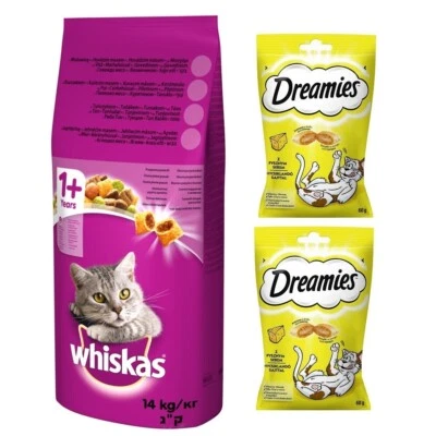 14 kg WHISKAS Adult mit Huhn und Gemüse + 2x60 g Dreamies Snacks Gratis - Bild 1 von 3