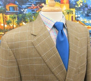 42 LONG- H.FREEMAN 100% WOOL HOUNDSTOOTH/ WINDOWPANE KHAKI/GOLD/BLUE - Picture 1 of 7