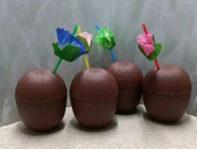 Set Of 4 Plastic Coconut Drink Cups With Straws Luau Beach Party 16 Oz New - Image 1 of 4