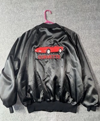 Винтажная мужская куртка Corvette 2XL черная атласная бомбардировщик с вышивкой West Ark США - Изображение 1 из 4