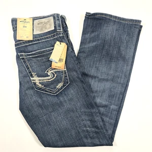 SILVER ZAC JEANS 29x30 INDIGO RELAXED FIT STRAIGHT LEG STRETCH EMBROIDERED NWT - Picture 1 of 14