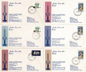 Sello 1977 varios en 6 cubiertas de recuerdo AEROBEE expedición lanzamiento de cohete WOOMERA - Imagen 1 de 1