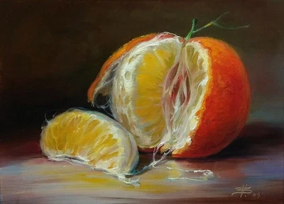 PINTURA AL ÓLEO ORIGINAL. Jugosa mandarina dulce. artista Vlad. Shurganov Foto 1 de 4
