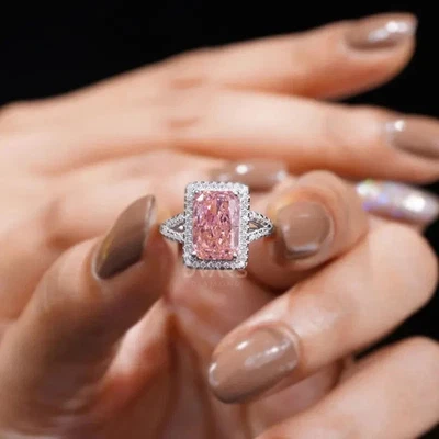 Anillo de boda de oro blanco macizo de 18 quilates con diamantes de zafiro rosa natural de 5,00 quilates Foto 1 de 4