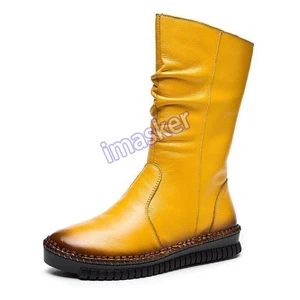 Women Autumn Leather Boots Retro Mid-Calf Boots Flat Shoes Real Leather Boots - Picture 1 of 26