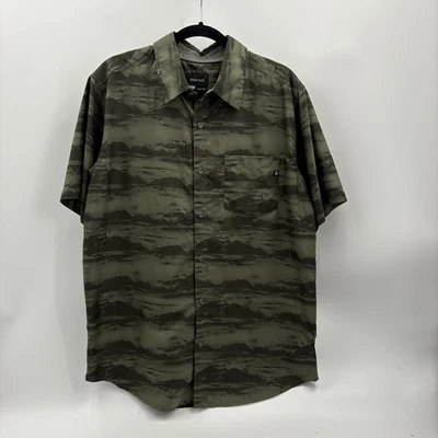 Marmot Men's Size Large Short Sleeve Button Up Shirt Green Camo Landscape Print - Image 1 of 4