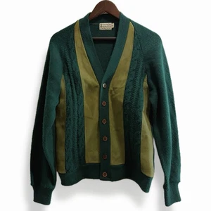 Vintage 60s Men’s Unbranded Acrylic & Leather Green Cardigan Grunge Small - Picture 1 of 17