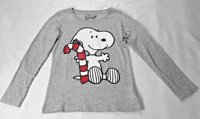 Old Navy Youth sz Small Long Sleeve Gray Shirt Snoopy with Christmas Candy Cane - Image 1 of 4