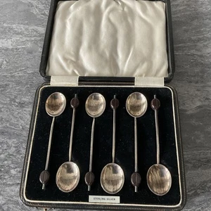 Boxed Set of Six Hallmarked Silver Coffee bean Spoons - Picture 1 of 5