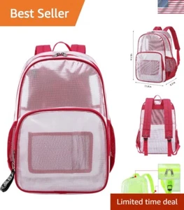 Stylish Red Heavy Duty Clear Backpack - Fits 15.6" Laptop & Organizes Essentials - Picture 1 of 8