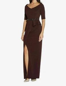 ADRIANNA PAPELL Blackberry Wine Red Ribbed Embellished Long Dress.SZ:6 - Picture 1 of 10