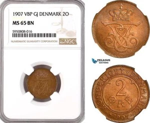 AH286, Denmark, Frederik VIII, 2 Ore 1907 VBP GJ, Copenhagen Mint, NGC MS65BN - Picture 1 of 1