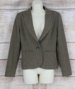 Y2K George Womens Size 4 Padded Shoulder Blazer Jacket Check Pinstripe Brown - Picture 1 of 9
