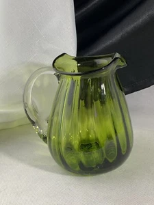 Vtg Art Glass Green Mini Pitcher Creamer Clear Applied Handle Hand Blown - Picture 1 of 9