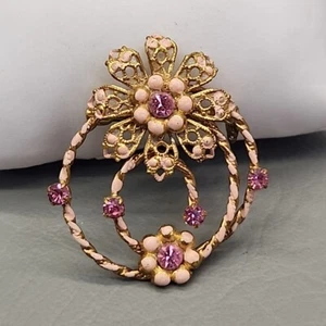 Vintage Rhinestone Brooch Austria Pink Glass Gold Tone Filigree 1 5/8" - Picture 1 of 15